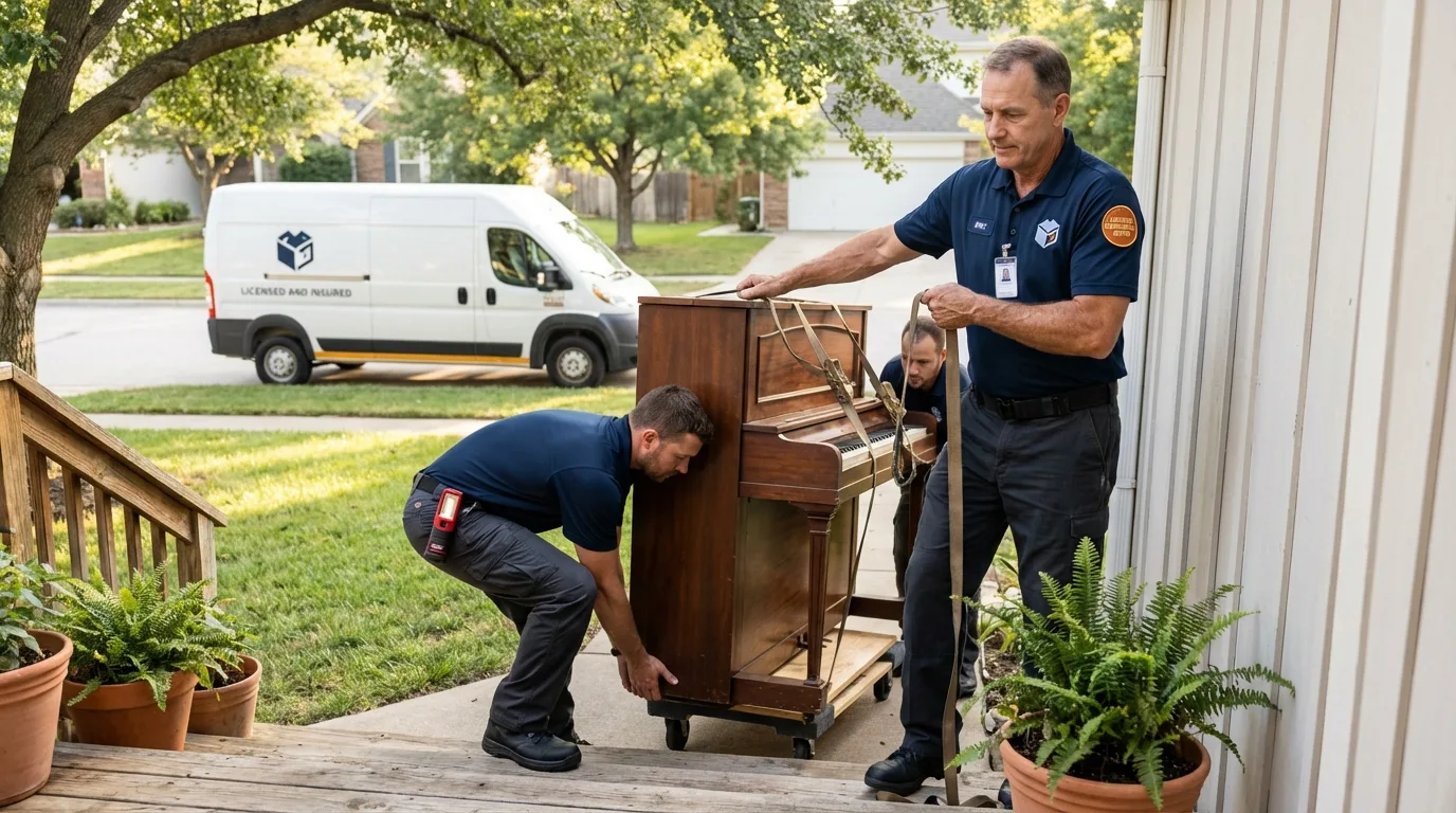 Licensed piano movers securing grand piano in Milbank, SD