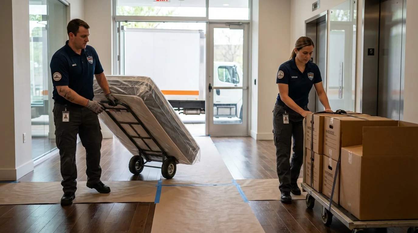 Professional apartment movers loading elevator in Milbank, SD